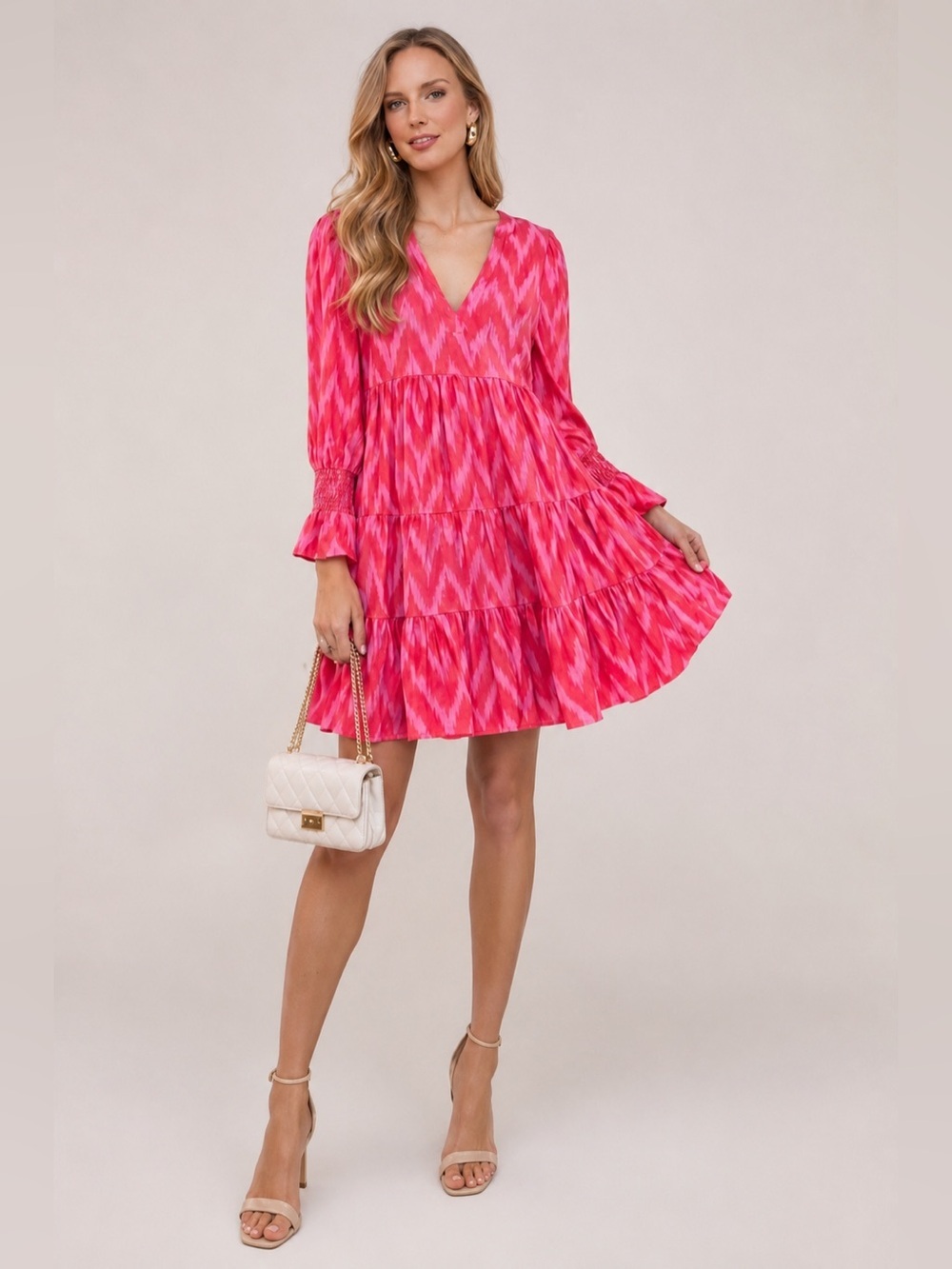 Pomander Place Pink Ikat Tiered Mini Dress XS Boho V Neck Vacation Dress